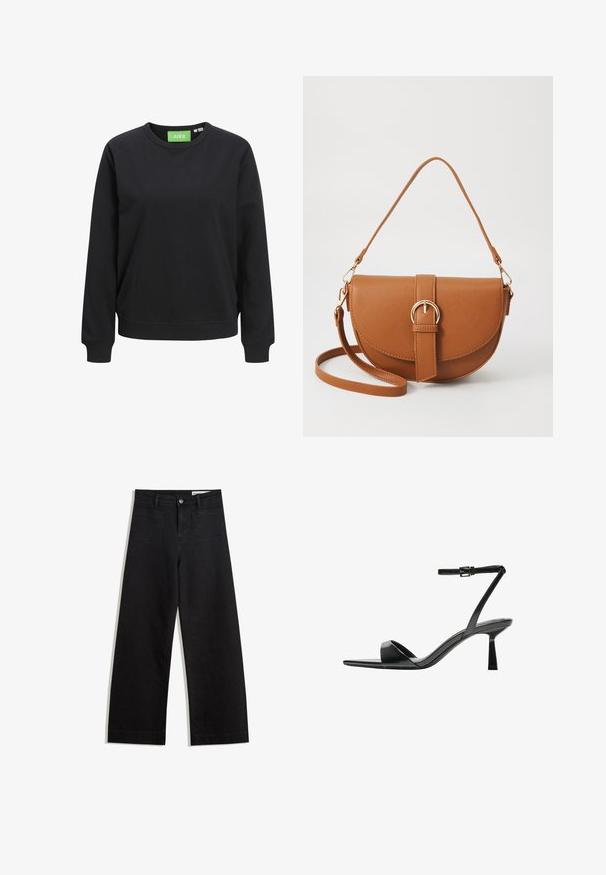 Czarny sweatshirt z okrągłym dekoltem, wykonany z bawełny. Posiada ribbowane mankiety i dół, z zieloną metką z napisem "JJXX" przy dekolcie.; Czarne dżinsowe spodnie o szerokich nogawkach i wysokim stanie, z przednimi i tylnymi kieszeniami, przeszyciami oraz zapięciem na guziki. Gładka struktura.; Bershka - Sandały na obcasie; Brązowa skórzana torba na ramię o zaokrąglonym kształcie, ze złotymi akcentami i zapięciem w formie klamry. Posiada odpinany pasek na ramię.