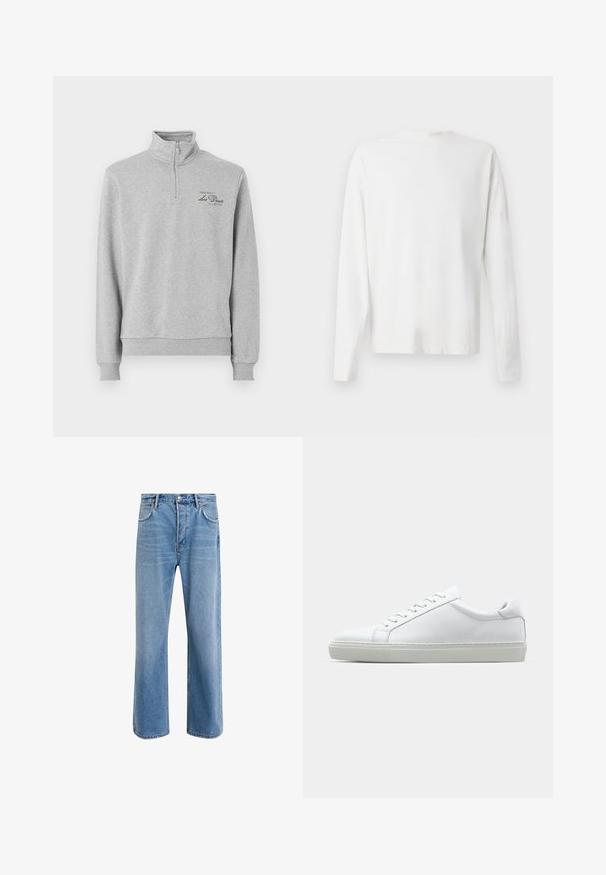 Sudadera gris de pullover con un alto cuello, cremallera frontal hasta la mitad, puños acanalados y un sutil detalle de logo impreso en el lado izquierdo del pecho. Textura de tela suave.; Camisa de algodón blanca de manga larga con cuello redondo, aberturas laterales en la parte inferior y una textura suave, exhibida desde la parte de atrás.; Jeans de mezclilla azul claro con un diseño de pierna recta, cinco bolsillos, cierre de botón, ligeramente desgastados y detalles de costura en contraste.; Zapatilla blanca con parte superior de cuero liso y perfil bajo. Presenta una puntera redondeada, seis ojales y una suela de goma texturizada.