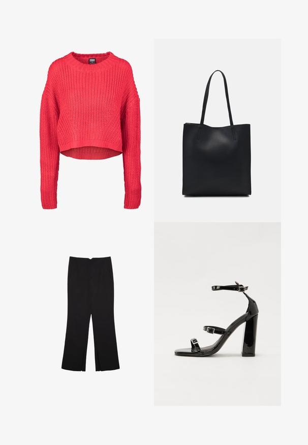 Svijetlocrvena debela pletena dukserica s dugim rukavima, okruglim izrezom i malo skraćenim rubom, označena kao Urban Classics XS.; Crne hlače ravnog kroja, s prednjim džepovima i bočnim prorezima na rubu. Izrađene od mekog i glatkog materijala. Pogodne za razne prigode.; Crne lakirane sandale na pete sa kvadratnim nosom, trakama oko gležnja i srebrnim kopčama. Imaju čvrst blok petu za stabilnost.; Crna kožna torba za nošenje s glatkom teksturom, pravokutnim oblikom i dvije duge ručke. Nema vidljivih metalnih dijelova ili ukrasa.