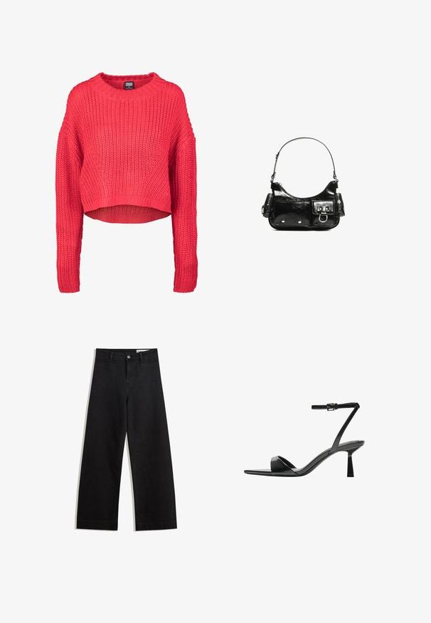 Jasne červený hrubý pletený sveter s dlhými rukávmi, klasickým výstrihom a o niečo skráteným lemom, označený Urban Classics XS.; Čierne denimové nohavice s širokými nohavicami a vysokým pásom, so prednými a zadnými vreckami, šitými švami a zapínaním na gombík. Hladká textúra.; Bershka Sandále na vysokom opätku - black; Čierna laková kožená kabelka s ohnutým tvarom, jedným ramenným popruhom, prednými vreckami a striebornými kovovými doplnkami.
