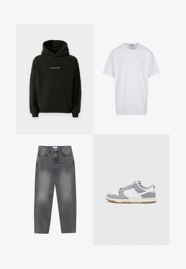 Svart fleece-hettegenser med teksturert finish, med lommesekk foran og logo på brystet. Hette-design med elastiske mansjetter.; Hvit bomull t-skjorte med korte ermer, rund utringning, avslappet passform, og ingen synlige logoer eller mønstre. Glatt tekstur og minimalistisk design.; Høyt liv, løstsittende jeans i falmet svart denim. Har fem lommer, beltehemper og et rent, rett ben-design.; Grå og hvite sneakers med overdel i semsket skinn og lær, rund tå, flate lisser, og gummisåle med gummibelegg.