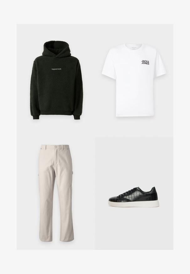 Felpa nera in pile con finitura testurizzata, dotata di una tasca a marsupio frontale e un logo sul petto. Design con cappuccio e polsini elasticizzati.; T-shirt bianca in cotone, maniche corte, collo rotondo. Presenta un logo in testo nero "JACK & JONES" nell'area sinistra del petto. Design semplice e minimale.; Pantaloni cargo beige realizzati in cotone resistente con gambe dritte, chiusura frontale con bottone e tasche laterali per utility. Texture liscia con cuciture sottili.; Sneaker nere con una toma superiore in pelle con effetto croc embossato, punta rotonda e suola in gomma bianca a contrasto con una finitura liscia.