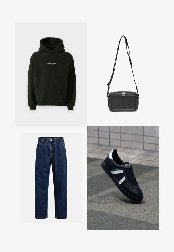 Black fleece hoodie with a textured finish, featuring a front kangaroo pocket and a logo at the chest. Hooded design with elastic cuffs.; Dark blue denim jeans with a straight-leg design. Features visible stitching, a button closure, and front pleats for added detail.; Black leather sneaker with white stripes, textured rubber sole, and lace-up front. Features a branded label on the tongue.; Black leather crossbody bag with a zip closure, embossed logo on the front, and adjustable strap. Smooth texture with a rectangular shape.