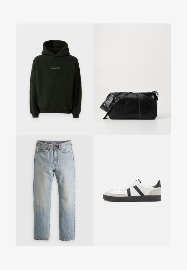 Schwarzer Fleece-Hoodie mit strukturierter Oberfläche, ausgestattet mit einer vorderen Kängurutasche und einem Logo auf der Brust. Kapuzen-Design mit elastischen Bündchen.; Helle blaue Jeans mit hoher Taille, Frontknopf, Reißverschluss und fünf Taschen-Design, flach auf einem neutralen Hintergrund ausgelegt.; Weiße Sneaker mit schwarz- und grau-aczenten, ausgestattet mit einer strukturierten grauen Zehenkappe, schwarzer Gummi-Sohle und flachen weißen Schnürsenkeln. Sauberes Design, minimalistische Stil.; Schwarze Leder Schultertasche mit Reißverschluss, ausgestattet mit einer strukturierten Oberfläche, weißen Nähten und einem Tragegurt mit silbernen Ösen.