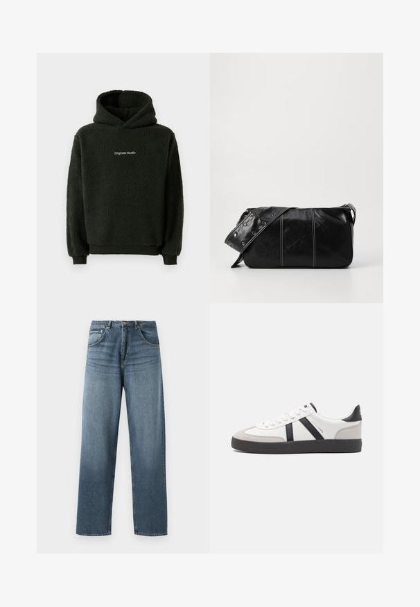 Felpa nera in pile con finitura testurizzata, dotata di una tasca a marsupio frontale e un logo sul petto. Design con cappuccio e polsini elasticizzati.; Jeans in denim blu a gamba dritta con un lavaggio sbiadito, dotati di cinque tasche, bottone in metallo e passanti per cintura. Tessuto strutturato di peso medio.; Sneaker bianco con accenti neri e grigi, dotata di una punta grigia testurizzata, suola in gomma nera e lacci bianchi piatti. Design pulito, stile minimalista.; Borsa a spalla in pelle nera con chiusura a zip, caratterizzata da un corpo testurizzato, cuciture bianche e una tracolla con occhielli in argento.