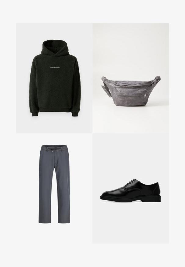 Schwarzer Fleece-Hoodie mit strukturierter Oberfläche, ausgestattet mit einer vorderen Kängurutasche und einem Logo auf der Brust. Kapuzen-Design mit elastischen Bündchen.; Grau, elastische Bundhose mit Kordelzug. Gerades Bein Design, aus glattem Stoff gefertigt, mit minimaler Naht und ohne sichtbare Hardware.; Schwarze Lederdressschuhe mit glatter Oberfläche, rundem Zehenbereich, schnürbarem Design und unauffälliger Gummisohle für besseren Halt.; Graue Wildleder-Gürteltasche mit runder Form, zwei mit Reißverschluss verschlossenen Fächern und verstellbarem Trageriemen. Mit metallischen Hardware-Akzenten.