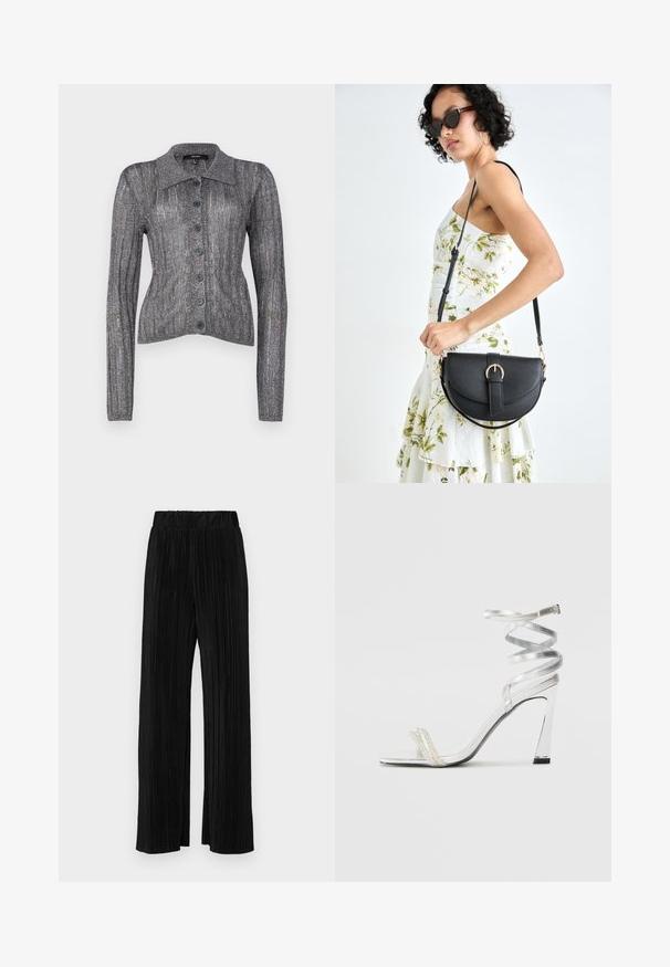 Cardigan tricotat de culoare gri metallic, cu gât cu rever, mâneci lungi și șase butoane în față. Prezintă o textură canelată și o siluetă ajustată.; Pantaloni negri plisati cu talie elastică. Prezintă picioare largi și un material neted, texturat, cu dungi verticale.; Sandale argintii cu toc înalt, cu un design strălucitor al baretei, având un accent asemănător unei perle și o curea spiralată pentru prindere sigură.; Geantă din piele neagră, cu o formă curbată, curea detașabilă și accesorii aurii. Geanta are un capac cu un detaliu tip cataramă.