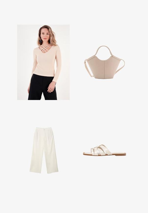 Langärmliges, geripptes Oberteil in hellbeige mit einem runden Ausschnitt und Querkreuzdetails. Weicher Stoff, figurbetonter Schnitt, kombiniert mit dunklen Hosen.; Helle Stoffhose mit weitem Bein und glatter Textur, ausgestattet mit einem einzelnen Knopf vorne, dezenten Falten und einem Hochbund-Design.; Flache Sandalen mit einer honigfarbenen Gummisohle, gestaltet mit drei überlappenden weißen Lederriemen und einem kleinen Schleifendetail in der Mitte.; Beige Lederhandtasche mit einer einzigartigen Form, die zwei kurze Henkel und einen langen verstellbaren Riemen aufweist. Glatte Textur mit minimalen Hardware-Elementen.