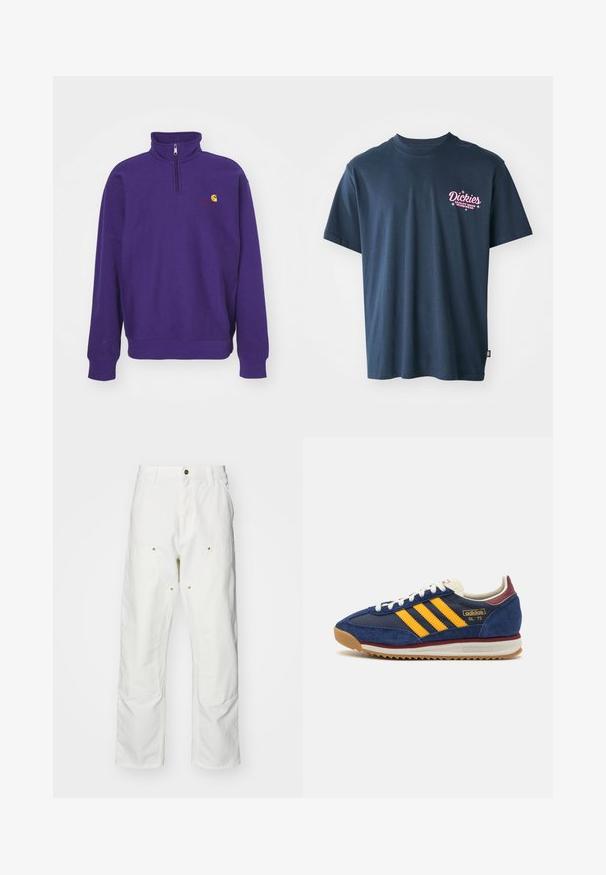Carhartt WIP HALF ZIP AMERICAN SCRIPT - Sweatshirt - aura; Navy blue cotton t-shirt featuring a pink printed logo on the chest with the text "Dickies Quality Made Workwear." Short sleeves, standard fit.; White cotton cargo pants with a relaxed fit. Features include front pockets, gold hardware accents, and reinforced knee sections.; Navy suede sneaker with yellow stripes, white laces, and burgundy accents. Textured sole with grooves for traction. Brand logo on side.