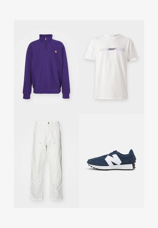 Carhartt WIP HALF ZIP AMERICAN SCRIPT - Camisola - aura; Camiseta de algodão branca com um logotipo "HUF" multicolorido no peito em vários tons. Colarinho redondo clássico e mangas curtas.; Calças cargo brancas em algodão com um corte descontraído. As características incluem bolsos frontais, detalhes em metal dourado e áreas de joelhos reforçadas.; Ténis atléticos azul-marinho com logótipo branco, parte superior em camurça e malha, apresentando um colar acolchoado, atacadores planos e sola texturizada em borracha preta.