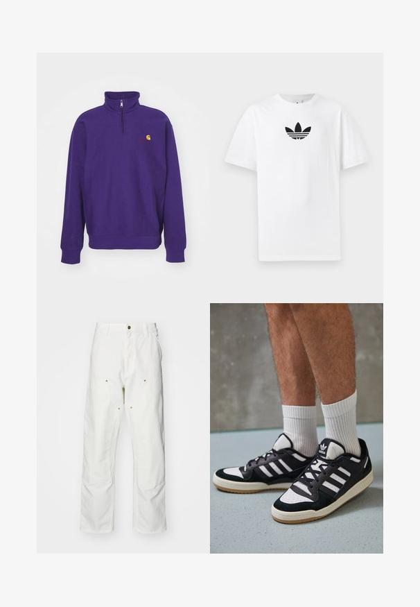 Carhartt WIP HALF ZIP AMERICAN SCRIPT - Sweatshirt - aura; T-shirt en coton blanc présentant un logo noir d'Adidas au centre. Manches courtes et décolleté rond. Texture lisse.; Pantalons cargo en coton blanc avec une coupe décontractée. Les caractéristiques incluent des poches avant, des accents en métal doré et des sections de genoux renforcées.; Baskets noir et blanc avec une tige en suède et cuir, comportant trois rayures blanches, un bout perforé et une semelle en caoutchouc gum.
