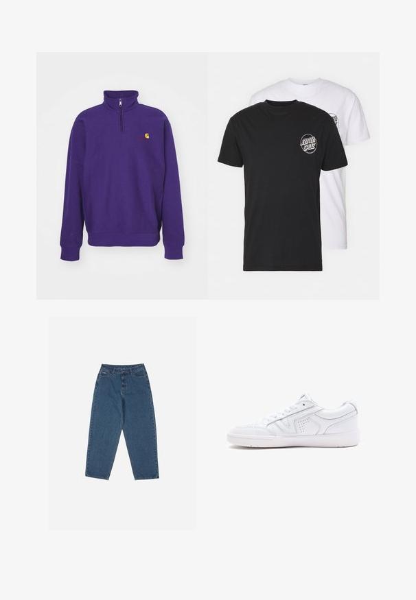 Carhartt WIP HALF ZIP AMERICAN SCRIPT - Felpa - aura; Confezione di due t-shirt: una nera e una bianca. Entrambe hanno maniche corte e un logo circolare sul petto in un colore a contrasto. Materiale in cotone.; Jeans in denim blu con una vestibilità rilassata, vita alta, design a cinque tasche e dettagli di cucitura. Caratterizzati da una chiusura con bottone e zip.; Sneaker in pelle bianca con design low-top, punta tonda, dettagli perforati e suola testurizzata. Presenta lacci e sottili accenti di cucitura.