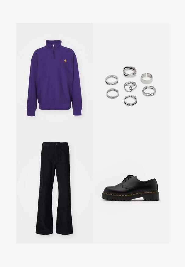 Carhartt WIP HALF ZIP AMERICAN SCRIPT - Sweatshirt - aura; Black, cotton flared pants with a traditional waistband, single front button, and pockets at the sides and back. Smooth texture.; Black leather lace-up shoe with a rounded toe, textured rubber sole, and yellow stitching around the base. Flat design and smooth finish.; Set of seven silver rings featuring various designs, including twisted, linked, and engraved patterns. Different shapes and widths.