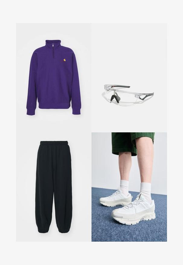 Carhartt WIP HALF ZIP AMERICAN SCRIPT - Collegepaita - aura; Mustat, elastisella vyötäröllä varustetut collegehousut, joissa on löysä istuvuus, cuffattu lahje, sileä pinta ja ilman näkyviä kuvioita tai varusteita.; Valkoiset urheilukengät, joissa on tekstuuriset päällysteet, paksu pohja ja harmaat yksityiskohdat. Yhdistetty valkoisiin putkisukkiin ja vihreisiin shortseihin sinisellä pinnalla.; Läpinäkyvät turvalasit, joissa on kevyt, läpinäkyvä kehys ja harmaat yksityiskohdat. Varustettu ympäröivällä muotoilulla ja säädettävällä nenätyynyllä.