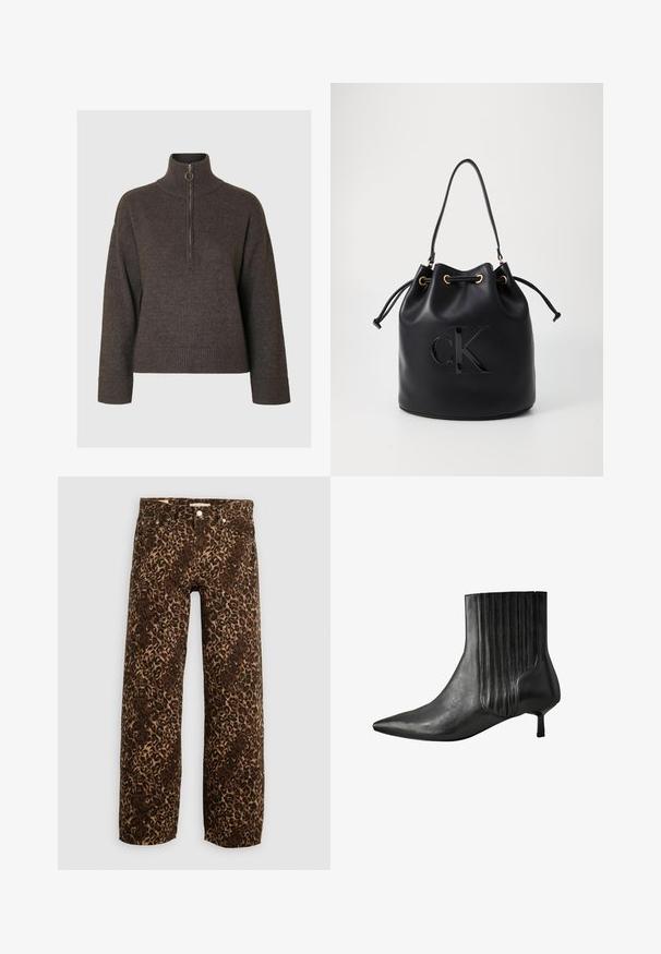 Dark brown pullover sweater with a high collar and half-zipper, featuring ribbed cuffs and hem, made from a soft, textured fabric.; Leopard print wide-leg jeans in brown and tan. Made from denim, featuring a classic five-pocket design and metal hardware accents.; Black leather ankle boot with a pointed toe, ribbed side design, and a low, square heel. Smooth texture with a glossy finish.; Black leather bucket bag with drawstring closure, featuring a glossy "CK" logo on the front and gold-tone hardware accents.