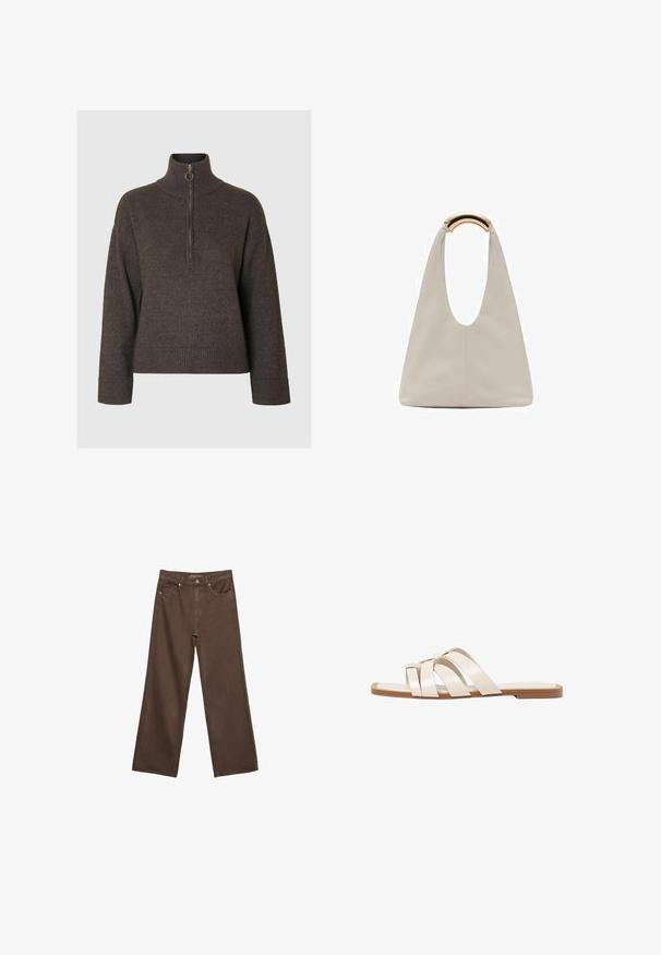 Tummanruskea neulepusero, jossa on korkea kaulus ja puolivetoketju. Puseroissa on ribbaus hihansuissa ja helmassa, ja se on valmistettu pehmeästä, teksturoidusta kankaasta.; Leviittävät ruskeat farkut, jotka on valmistettu denimistä, korkea vyötärö, etutaskut ja klassinen nappikiinnitys. Silkkinen pinta hienovaraisella ompelutyöllä.; Tason vaaleanruskealla kumipohjalla, jossa on kolme päällekkäistä valkoista nahkaremmiä ja pieni satiininen rusetti keskellä.; Vaalea harmaa nahkalaukku, jossa on U-muotoinen muotoilu ja kaareva metallikahva. Suora pinta, jossa on minimaalinen ompelu ja ei näkyviä kuvioita.