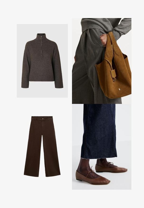 Tmavě hnědý pulovr s vysokým límcem a polovičním zipem, se žebrovanými manžetami a lemem, vyrobený z měkké, strukturované látky.; Hnědé kalhoty širokého střihu z bavlněné směsi, s třepicí na lemu, předním zapínáním na knoflík a klasickým designem pěti kapes. Minimalistické a univerzální.; Hnědé kožené baleríny s špičatou špičkou a zavazováním, doplněné tmavovými džíny sukně s roztrhaným lemem a bočním švem.; Hnědá semišová taška přes rameno zaobleného tvaru, se dvěma uchy a kovovým hardwarem. Na přední straně je malá logo.