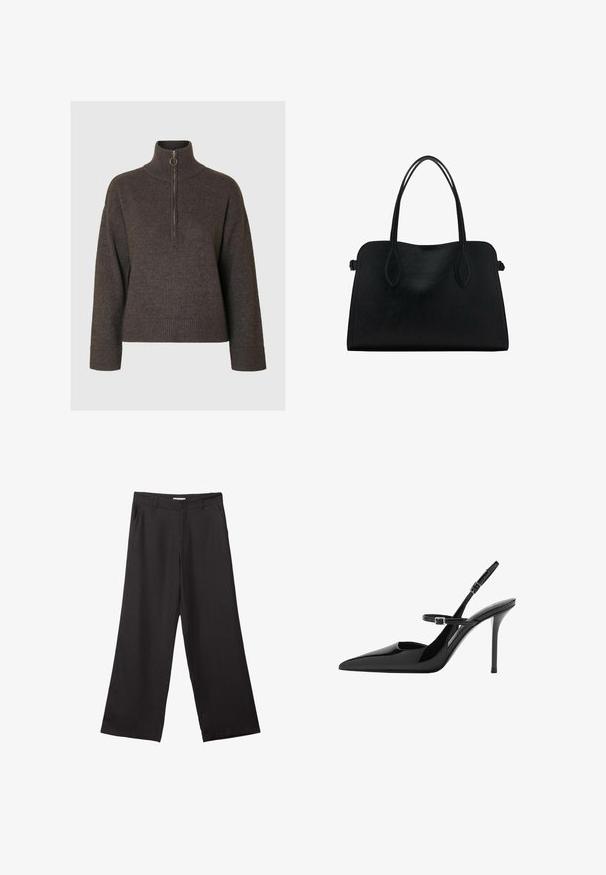 Ciemnobrązowy sweter z wysokim kołnierzem i pół-zamkiem, z ribbami na mankietach i dolnej krawędzi, wykonany z miękkiego, teksturowanego materiału.; Czarne spodnie z szerokimi nogawkami, wykonane z gładkiego materiału, z przednim zamkiem błyskawicznym i dwoma bocznymi kieszeniami, o dopasowanym kroju i minimalistycznym wzornictwie.; Czarne lakierowane szpilki slingback z ostrym noskiem, regulowanym paskiem i obcasem w kształcie stiletto. Gładka powierzchnia o błyszczącym wykończeniu.; Czarna skórzana torba na ramię z podwójnymi paskami, prostokątny kształt i minimalistyczny design na białym tle.