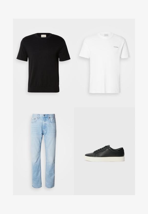 Tricou negru scurt, din bumbac moale. Are guler rotund, textură ribbată și un accent subtil cu logo pe piept.; T-shirt alb din bumbac, cu mâneci scurte și guler rotund. Are un mic logo negru "Calvin Klein" pe partea stângă a pieptului.; Jeans din denim de culoare bleu deschis, cu croială dreaptă, prezentând secțiuni decolorate, design cu cinci buzunare și un sistem clasic de închidere cu buton.; Adidași din piele neagră cu textură perforată, vârf rotund și talpă plată din cauciuc alb. Au șireturi negre și un logo subtil pe lateral.