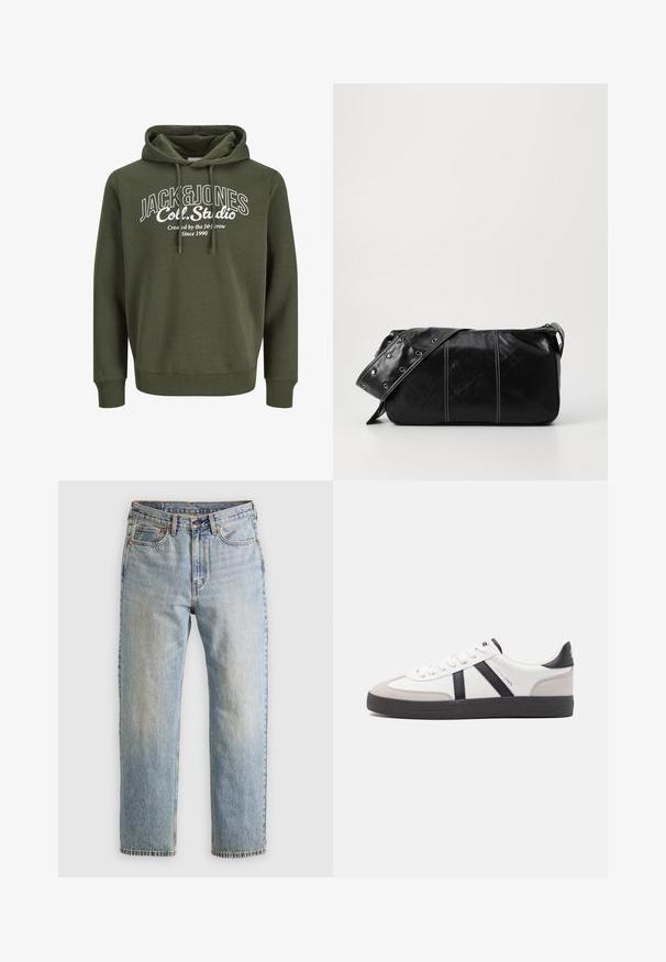 Felpa verde oliva con cappuccio e coulisse, caratterizzata da una stampa grafica bianca che include il testo "JACK&JONES Coll. Studio." Tessuto morbido, vestibilità comoda.; Jeans in denim azzurro chiaro con vita alta, bottone anteriore, cerniera e design a cinque tasche, adagiati su uno sfondo neutro.; Sneaker bianco con accenti neri e grigi, dotata di una punta grigia testurizzata, suola in gomma nera e lacci bianchi piatti. Design pulito, stile minimalista.; Borsa a spalla in pelle nera con chiusura a zip, caratterizzata da un corpo testurizzato, cuciture bianche e una tracolla con occhielli in argento.