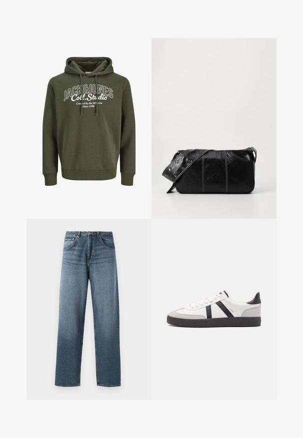 Olive zelená mikina s kapucňou a šnúrkami, s bielou grafickou potlačou, ktorá obsahuje text "JACK&JONES Coll. Studio." Mäkčená látka, voľný strih.; Džíny z modrej denimovej látky s rovným strihom a vyblednutým umývaním, s piatimi vreckami, kovovým gombíkom a pútkami na opasok. Pevná, stredne ťažká tkanina.; Biele tenisky s čiernymi a šedými akcentmi, s textúrovanou šedou špičkou, čiernou gumovou podrážkou a plochými bielymi šnúrkami. Čistý dizajn, minimalistický štýl.; Čierna kožená kabelka cez plece so zipsovým uzáverom, so štruktúrovaným telom, bielym prešívaním a popruhom so striebornými očkami.