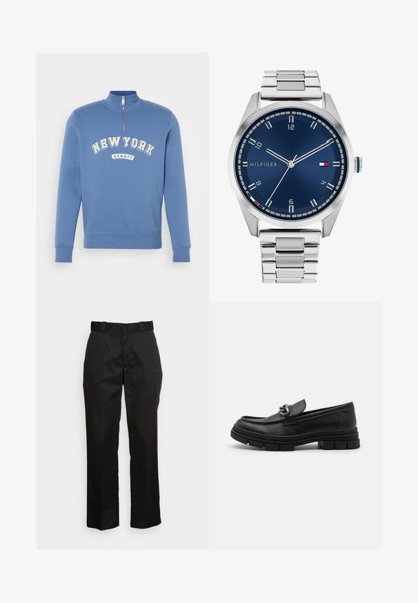 Blue sweatshirt with a high collar and zip closure, featuring white, curved "NEW YORK" text and "SCHOTT" label on the front. Soft texture.; Black trousers made from a smooth fabric, featuring a straight leg design, belt loops, and two side pockets. Classic look without embellishments.; Black leather loafer with a rounded toe, a decorative strap and hardware, and a chunky textured sole. Smooth finish with subtle detailing.; Silver metal watch with a brushed blue dial, white hour markers, and a date display. Features a linked metallic band and brand logo.
