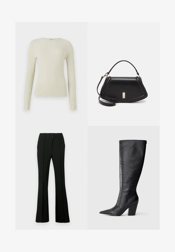 Hosszú ujjú, testhezálló felső világoszöld texturált anyagból, kerek nyakkivágással. Simább felület finom bordázással, látható hardver vagy díszítés nélkül.; Fekete, bővülő szárú nadrág, sima anyagból, magas derékkal, két gombbal és elöl hajtásokkal, amelyek szabott megjelenést kölcsönöznek.; Fekete, térd fölé érő bőr boka csizma hegyes orral és vastag, magas sarokkal, bal oldalról profilból bemutatva fehér háttér előtt.; Fekete bőr kézitáska, strukturált dizájnnal, rövidített formával, felső fogantyúval és arany színű kiegészítőkkel. Állítható vállpánt is tartozik hozzá.