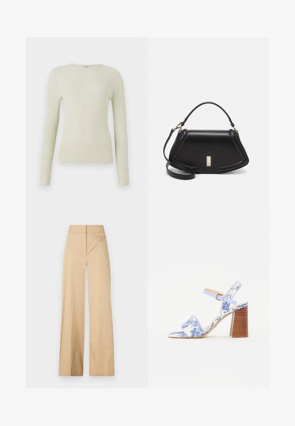 Hosszú ujjú, testhezálló felső világoszöld texturált anyagból, kerek nyakkivágással. Simább felület finom bordázással, látható hardver vagy díszítés nélkül.; Beige színű, bővülő lábú nadrág kevert pamut anyagból. Simás textúrával, elasztikus derékpánttal és oldalsó gombos díszítéssel rendelkezik.; Kék virágmintás szandál négyzetes orral, széles pánttal és állítható bokapánttal, texturált fa sarokkal.; Fekete bőr kézitáska, strukturált dizájnnal, rövidített formával, felső fogantyúval és arany színű kiegészítőkkel. Állítható vállpánt is tartozik hozzá.