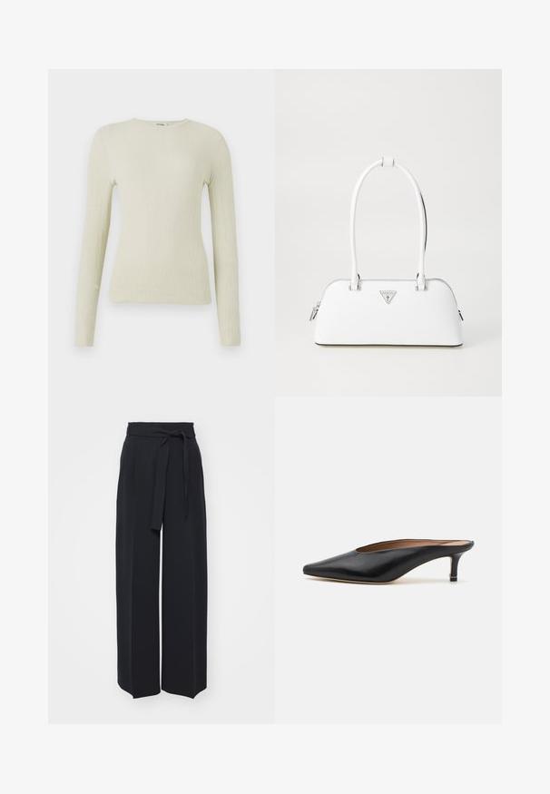 Langarm, fitted top in lichtgroene, gestructureerde stof met een ronde hals. Gladde oppervlakte met subtiele ribbelingen, geen zichtbare hardware of accenten.; Zwarte wijde broek van zachte stof. Voorzien van een ceintuur en plooien aan de voorkant. Glad textuur met een strakke, hedendaagse stijl.; Zwarte leren muiltjes met een puntige neus en een lage, blokhak. Glad oppervlak met een gestroomlijnd ontwerp. Open achterkant met minimale details.; Witte leren handtas met een gebogen vorm, voorzien van een zilveren driehoekig logo en ritssluiting. Gladde textuur en dubbele handvaten.