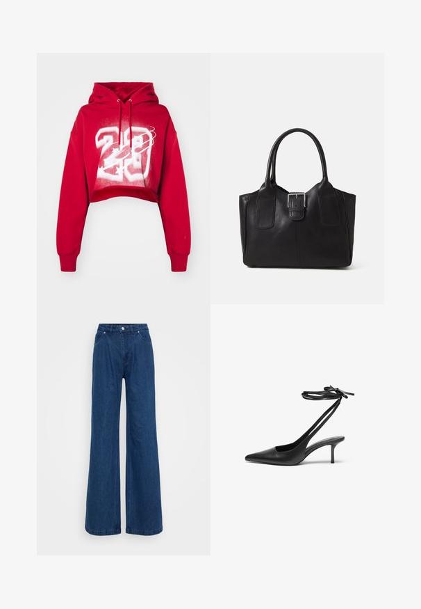 Crvena skraćena dukserica s kapuljačom na uzicu i prednjim grafičkim printom u bijeloj boji, koji sadrži broj "23" i dizajnerske elemente. Mekani materijal, širok kroj.; Široke plave traperice s visokim strukom, prednjim dugmetom i patent-zatvaračem, te prednjim i stražnjim džepovima na jednobojnoj pozadini.; Crne kožne štikle s šiljastim vrhom, otvorenim leđima i remenčićima koji su vezani u mašnu. Tanak potplat visine 7,5 cm. Glatka tekstura, minimalistički dizajn.; Crna kožna torba za nošenje s glatkom teksturom, strukturiranim oblikom, dvije ručke i istaknutim srebrnim kopčanjem na prednjoj strani.