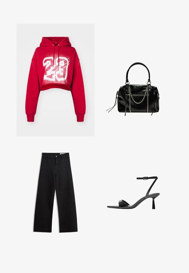 Punainen lyhythihainen huppari, jossa on naruhuppu ja etuosassa valkoinen graafinen printti, jossa on numero "23" ja muita suunnitteluelementtejä. Pehmeää kangasta, löysä malli.; Mustat leveät farkut korkealla vyötäröllä, joissa on etu- ja takataskut, ommellut saumat ja nappisuljenta. Silkinoinen rakenne.; Bershka Korolliset sandaalit - black; Bershka WITH CHAIN - Käsilaukku - black