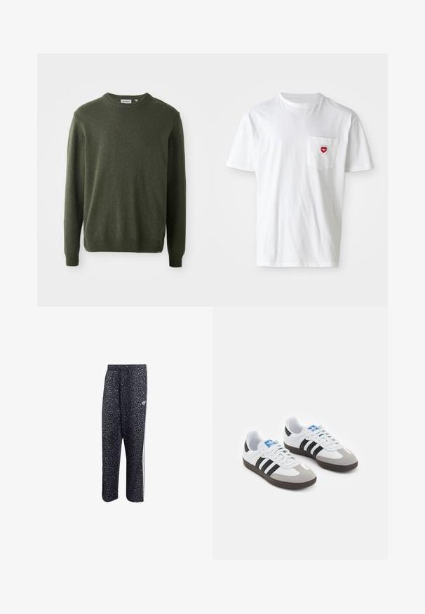 Maglione verde scuro, collo rotondo, maniche lunghe, polsini e orlo a coste, texture morbida, design semplice, senza pattern o decorazioni visibili.; T-shirt bianco in cotone con scollatura rotonda e maniche corte. Presenta un piccolo logo a forma di cuore rosso sul taschino sinistro.; Pantaloni sportivi neri con motivo a stampa leopardata, caratterizzati da un design a tre strisce bianche e un logo di un marchio sportivo sul lato.; Scarpe sportive con tomaia in pelle bianca, punta in suede grigia e tre strisce nere. Presentano un logo blu sulla linguetta e una suola in gomma testurizzata.