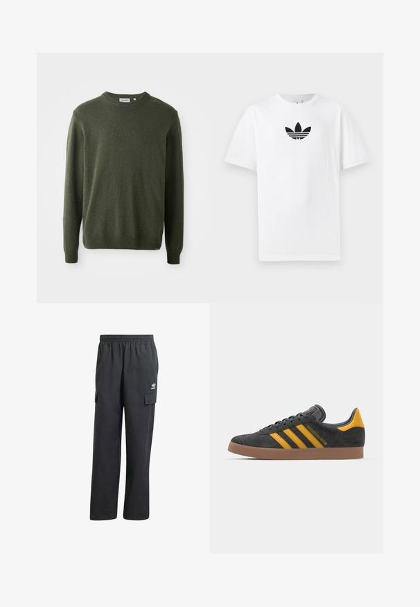 Pulôver verde escuro, gola redonda, mangas longas, punhos e barra canelados, textura suave, design simples, sem padrões ou adornos visíveis.; T-shirt de algodão branco com um logo preto da Adidas no centro. Mangas curtas e um design de gola redonda. Textura suave.; Calças cargo pretas com um cós elástico, dois bolsos laterais e um logótipo subtil na coxa esquerda. Feitas de um tecido leve.; Tenis em camurça preta com detalhes amarelos, apresentando três riscas e uma sola de borracha castanha. Inclui uma língua acolchoada para maior conforto.
