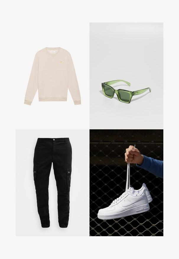 Beige langermet genser med rund hals og liten gul fugl broderi på venstre bryst, ribbestrikkede mansjetter og nederkant.; Svart cargo bukser laget av slitesterk stoff, med sidelommer, knappelukking og en smal passform. Slitesterk tekstur med minimale detaljer.; Hvite skinnsneakers med perforeringer, rund tå, flat såle og tykke lisser, med en synlig swoosh-logo og "AIR" på hælen.; Grønne rektangulære solbriller med solide mørke linser, tykke transparente rammer og en lett glanset finish. Akenter på stengene.