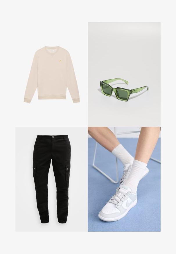 Felpa beige a maniche lunghe con scollatura a girocollo, con una piccola ricamatura di un uccellino giallo sul lato sinistro del petto, e con polsini e orlo a coste.; Pantaloni cargo neri realizzati in tessuto resistente, con tasche laterali, chiusura a bottone e design slim fit. Texture liscia con dettagli minimi.; Sneaker bianche con accenti azzurri, tomaia in pelle, punta perforata, lacci spessi e calze bianche a coste su sfondo blu.; Occhiali da sole rettangolari verdi con lenti scure e solide, montatura spessa e trasparente, e una leggera finitura lucida. Dettagli sui templi.