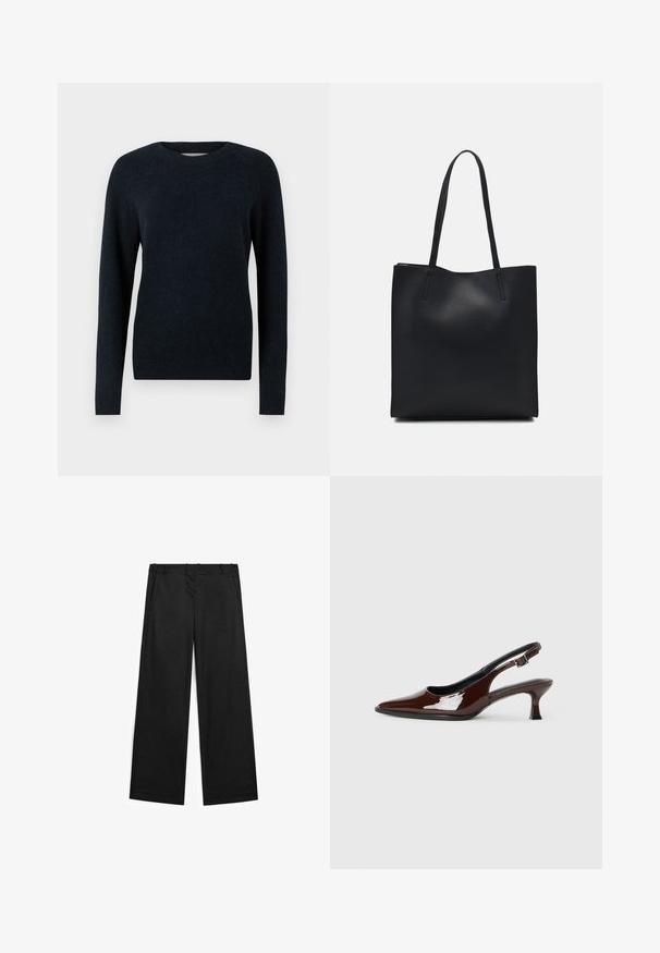 Mörkblå tröja med rundad halsringning, långa ärmar och en mjuk, texturerad yta. Enkelt design utan mönster eller utsmyckningar.; Breda svarta byxor av bomullsmix, med en jämn yta, framfickor och minimala sömdetaljer.; Brun lackläder slingback-sko med spetsig tå och en måttlig klack. Utrustad med en spännband för säker passform. Slät textur.; Svart lädertoffelväska med slät textur, rektangulär form och två långa handtag. Ingen synlig hårdvara eller dekorationer.