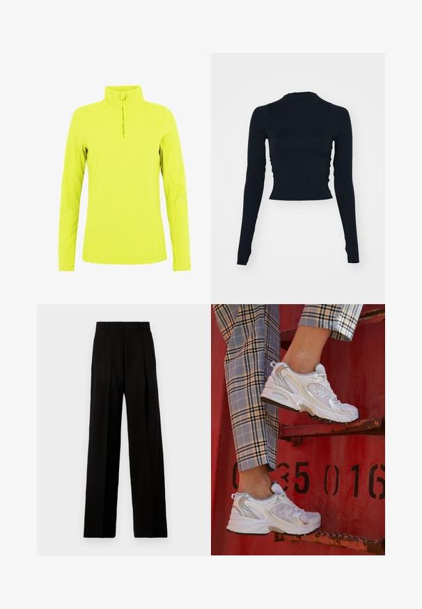Keltainen fleece-pusero, jossa on korkea kaulus ja neljäsosa-vetoketju etupuolella. Ominaisuuksina sileä pinta ja huomaamaton bränditys rinnassa. Pitkät hihat.; Musta, pitkähihais cropped toppi, jossa on korkea kaulus. Valmistettu sileästä, tiukasta materiaalista, jossa ei ole näkyviä kuvioita tai koristeita.; Mustat leveälahkeiset housut, jotka on valmistettu sileästä kankaasta. Niissä on korkea vyötärö, etupuolella laskokset ja siisti, muunneltu muotoilu ilman koristeita.; Valkoiset verkkokengät hopea-yksityiskohdilla ja teksturoidulla pohjalla, aseteltuna punaiselle pinnalle, yhdistettynä ruudullisiin housuihin.