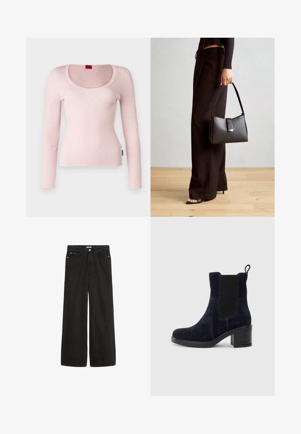 Top de manga longa em rosa claro, com decote arredondado. Apresenta um corte slim e um pequeno rótulo na lateral indicando a marca "Hugo."; Jeans de denim preto de perna larga com cintura alta. Apresenta cinco bolsos, ferragens metálicas e um acabamento limpo. A textura é suave e macia.; Bota de tornozelo em camurça azul-marinho com painel elástico lateral, bico redondo e salto bloco. O tecido texturizado e a sola lisa criam um contraste.; Bolsa preta com forma estruturada, textura suave e um fecho metálico. Combinada com calças largas pretas e sandálias de salto aberto sobre um chão de madeira.