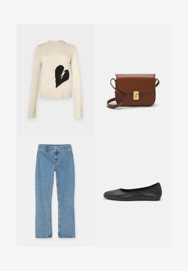 Sweter w kolorze kremowym, wykonany na drutach, z dużym czarnym sercem na przodzie, ściągaczami na dolnej krawędzi i mankietach oraz okrągłym dekoltem.; Biała koszulka krótki rękaw wykonana z materiału prążkowanego. Okrągły dekolt, regularny krój i subtelne detale szwów. Bez wzorów ani grafik.; Jasnoniebieskie dżinsy z prostymi nogawkami, zapinane na guzik i zamek, z paskami do pasa oraz standardowym szwem na białym tle.; Czarne skórzane baletki z zaokrąglonym noskiem, gładką fakturą, minimalnymi przeszyciami i elastycznym designem podeszwy.; Brązowa skórzana torebka na ramię z klapką, złotymi detalami, paskiem na ramię i gładką teksturą. Kompaktowy prostokątny kształt.
