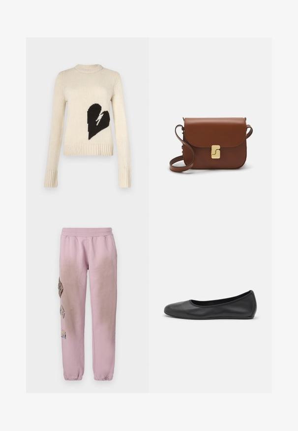 Maglione lavorato a maglia color crema con un grande cuore nero sul davanti, bordo e polsini a coste e scollatura rotonda.; Pantaloni della tuta rosa con vita elastica, caratterizzati da toppe decorative a forma di diamante sul lato sinistro e polsini elastici alle caviglie.; Pantofole da balletto nere in pelle con punta arrotondata, texture liscia, dettagli di cucitura minimi e design con suola flessibile.; Borsa a tracolla in pelle marrone con chiusura a pattina, hardware color oro, tracolla e una finitura liscia. Forma rettangolare compatta.