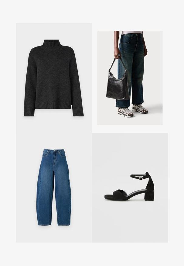 Sötét szürke kötött pulóver magas nyakkal, hosszú ujjakkal, bordás mandzsettákkal és hem. Puha tapintású és laza fazonú.; Közepes kék mosású farmernadrág, magas derékkal, széles lábszárral és hagyományos öt zsebes kialakítással, látható varrási részletekkel.; Fekete velúr magassarkú szandál vékony boka pánttal, nyitott orral és szerény blokk sarkával. Simaság és minimalista részletek jellemzik.; Fekete bőr válltáska sima textúrával és állítható pánttal, melyet elnyűtt, bő szárú farmernadrággal és sportcipőkkel párosítottak.