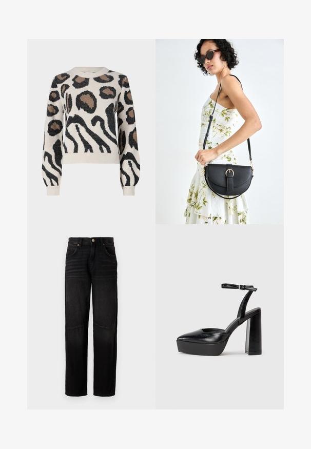 JDY LORRAINE - Pulover - cement; Črne denim hlače s ravnim krojem, petimi žepi, gumbom za zapiranje in subtilnimi zbledelem detajli na stegnah in kolenih.; Črne platforme z visokimi petami in koničastim nosom ter nastavljivim gležnjenjskim trakom. Narejene iz gladke usnje, s kockasto peto.; Črna usnjena torbica s ukrivljeno obliko, z odstranljivo naramnico in zlatimi dodatki. Torbica ima pokrov s podrobnostmi v obliki zaponke.