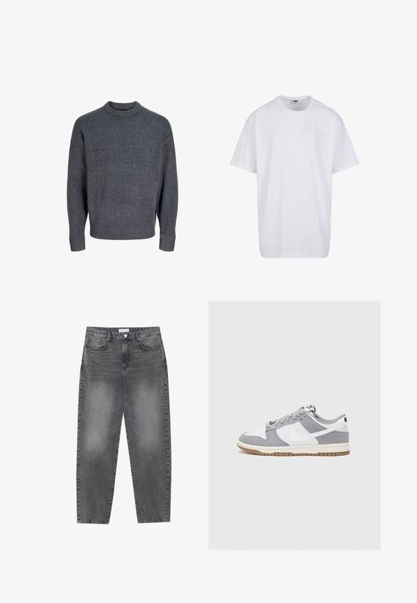 Pull gris en tissu doux, avec un col rond côtelé et des poignets côtelés, au design simple et classique et à la surface texturée.; T-shirt en coton blanc avec des manches courtes, un col rond, une coupe décontractée et sans logos ni motifs visibles. Texture lisse et design minimaliste.; Jean taille haute, décontracté en denim noir délavé. Comprend cinq poches, des passants de ceinture et un design de jambe droite épurée.; Baskets grises et blanches avec un dessus en suède et cuir, bout rond, lacets plats et semelle en caoutchouc avec une touche de gomme.