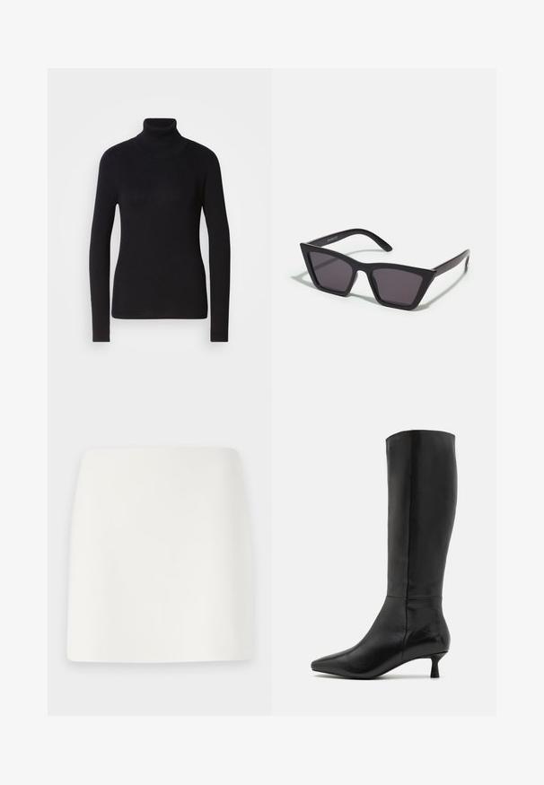 Suéter negro de punto con cuello alto y mangas largas. Fabricado en material de punto con un diseño ajustado. Textura suave y detalle de cuello alto.; Minifalda blanca ajustada con una textura suave y líneas limpias. Sin patrones ni herrajes visibles. Dobladillo recto en la parte inferior.; Zign Botas - black; Gafas de sol negras y angulares con lentes grises; fabricadas en plástico, con varillas gruesas de superficie suave y sin herrajes visibles.; Bolso de mano de ante negro con cierre de cremallera y correa para la muñeca desmontable. Presenta herrajes en tono dorado y una textura lisa y mate.