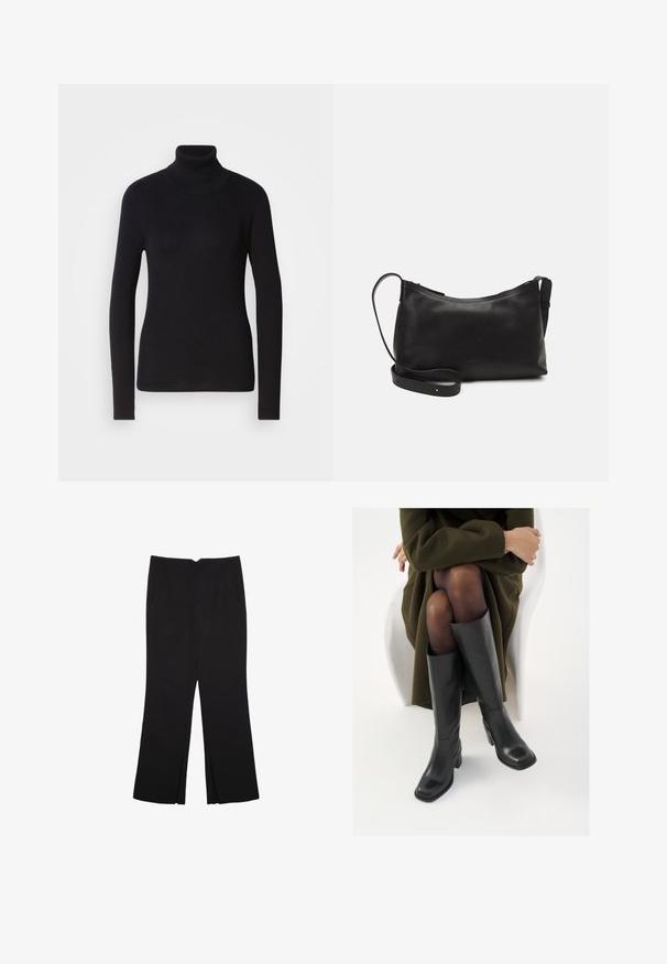 Crna rebrasta dolčevita s dugim rukavima. Izrađena od pletiva s uskim krojem. Glatka tekstura i detalj visokog vrata.; Crne hlače ravnog kroja, s prednjim džepovima i bočnim prorezima na rubu. Izrađene od mekog i glatkog materijala. Pogodne za razne prigode.; Čizme od crne kože do koljena sa četvrtastim vrhom i blok petom, prikazane s manekenkom koja sjedi u maslinasto zelenom kaputu. Glatka tekstura, minimalni detalji.; Crna kožna torba na rame s glatkom teksturom, zakrivljenim oblikom, podesivim remenom i zatvaranjem na patentni zatvarač. Minimalistički dizajn bez ukrasa.
