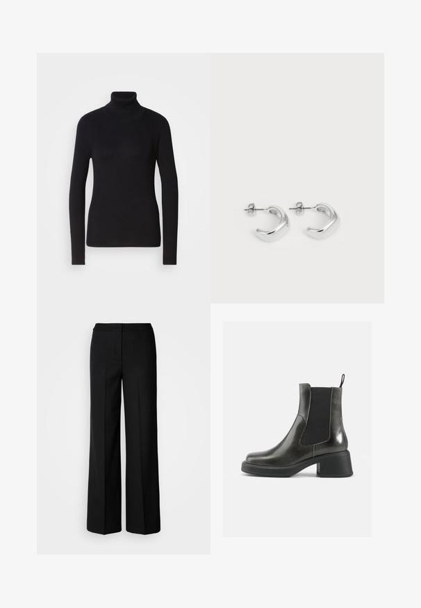 Schwarzer Rippstrick-Turtleneck-Pullover mit langen Ärmeln. Hergestellt aus gestricktem Material mit schlankem Design. Glatte Textur und hohes Halsdetail.; Schwarze weit geschnittene Hosen aus glattem Stoff mit hoher Taille, taillierten Nähten und minimalistischer Gestaltung. Keine sichtbaren Beschläge oder Taschen.; Schwarze Leder-Ankle-Boots mit glatter Oberfläche, elastischen Seitenpanelen und einem massiven Absatz. Sie verfügen über eine Zugschlaufe für einfaches Anziehen.; Silberne Creolen mit einer glatten, polierten Oberfläche. Runde Form mit einem leicht geschwungenen Design und abgerundeten Kanten. Sicherheitsverschluss.