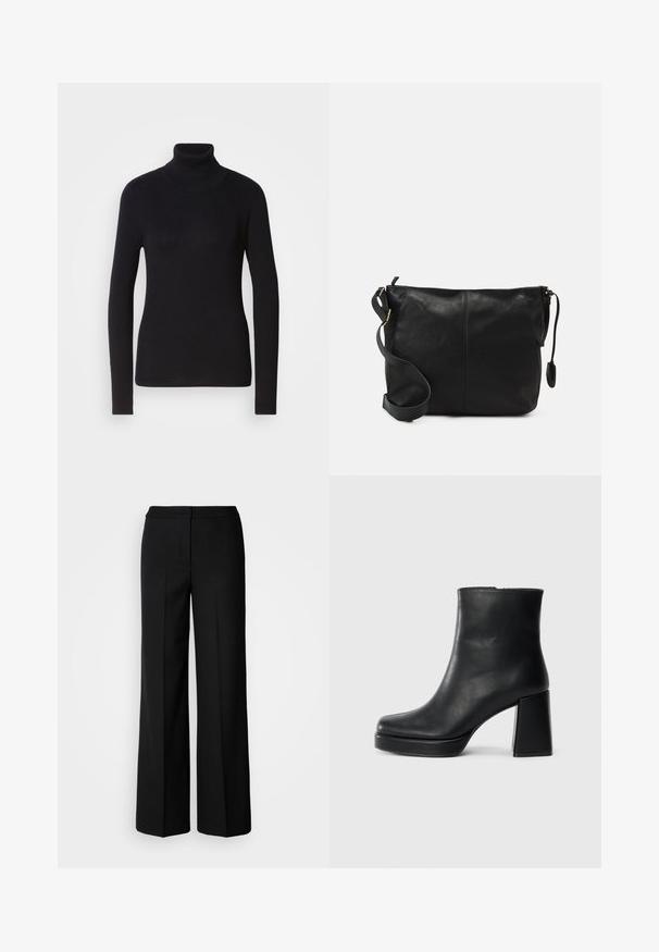 Sweater preto com gola alta em malha com mangas longas. Fabricado em material de tricot com um design justo. Textura suave e detalhe de gola alta.; Calças largas pretas com um tecido suave, apresentando uma cintura alta, costuras ajustadas e um design minimalista. Sem hardware visível ou bolsos.; Bota de couro preta até ao tornozelo com salto bloco e sola com plataforma, vista de lado sobre um fundo branco liso.; Mala de ombro em couro preto com forma plana, detalhes em metal dourado e alça ajustável. Textura suave com detalhes de costura mínimos.