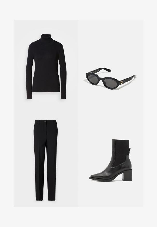 Pulover negru cu guler înalt, cu mâneci lungi. Confectionat din material tricotat, cu un design ajustat. Textură netedă și detaliu cu guler înalt.; Pantaloni negri croiți, cu un design drept, având sistem de închidere cu nasture și centură, confecționați dintr-un material neted.; Cizmă ankle neagră cu vârf ascuțit, fabricată din piele netedă și țesătură elastică. Prezintă un toc pătrat și un design minimalist.; Ochelari de soare ovali negri cu lentile întunecate și ramă din plastic lucios. Prezintă un logo aurit pe bradă, oferind un design elegant și modern.; Geantă de mână cu un model albastru, confecționată din țesătură, având o formă curbată, curea din piele neagră și un design al logo-ului într-o nuanță mai deschisă.