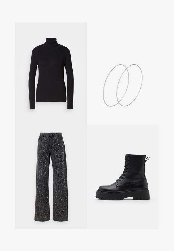 Črna rebrasta puloverja s turtleneck ovratnikom in dolgimi rokavi. Narejen iz pletenega materiala s slim fit obliko. Gladka tekstura in visok ovratnik.; Noisy May NMJANNEL LOOSE - Široke kavbojke - black denim; Črne usnjene gležnjarje z okroglo konico, vezalnim sprednjim delom in debelim gumijastim podplatom z teksturiranim profilom. Zanka na hrbtni strani.; Srebrne uhane v obliki obroča z minimalističnim dizajnom. Krožna oblika, gladka tekstura in tanek profil. Lahki s poliranim zaključkom.