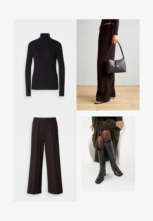Zwarte geribde turtleneck trui met lange mouwen. Gemaakt van gebreid materiaal met een slim-fit ontwerp. Gladde textuur en hoge halsdetail.; Zwarte wijde broek met een vlakke voorkant, plooien en een soepele stoftextuur. Heeft een hoge taille en een op maat gemaakte snit voor een gestructureerde pasvorm.; Knieschijf hoge zwarte leren laarzen met een vierkante neus en blokhak, getoond met een model dat zit in een olijfgroene jas. Gladde textuur, minimale details.; Zwarte handtas met gestructureerde vorm, gladde textuur en een metalen sluiting. Gecombineerd met brede zwarte broeken en sandalen met open teen op een houten vloer.